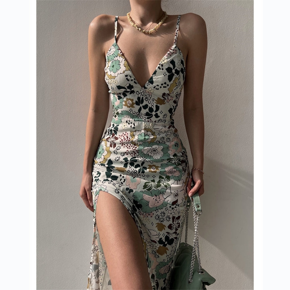 Geumxl Sexy Slit Dresses for Women Summer Dress New Deep V-Neck Backless